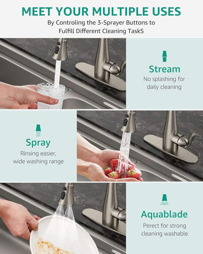 Mbillion Universal Brushed Nickel Kitchen Faucet Sprayer Head Replacement, 3 Function ABS Sink Faucet Head, Pull-Down Nozzle with 14 Adapters, Compatible with Moen,Delta,Kohler,WEWE American Standard - Image 3